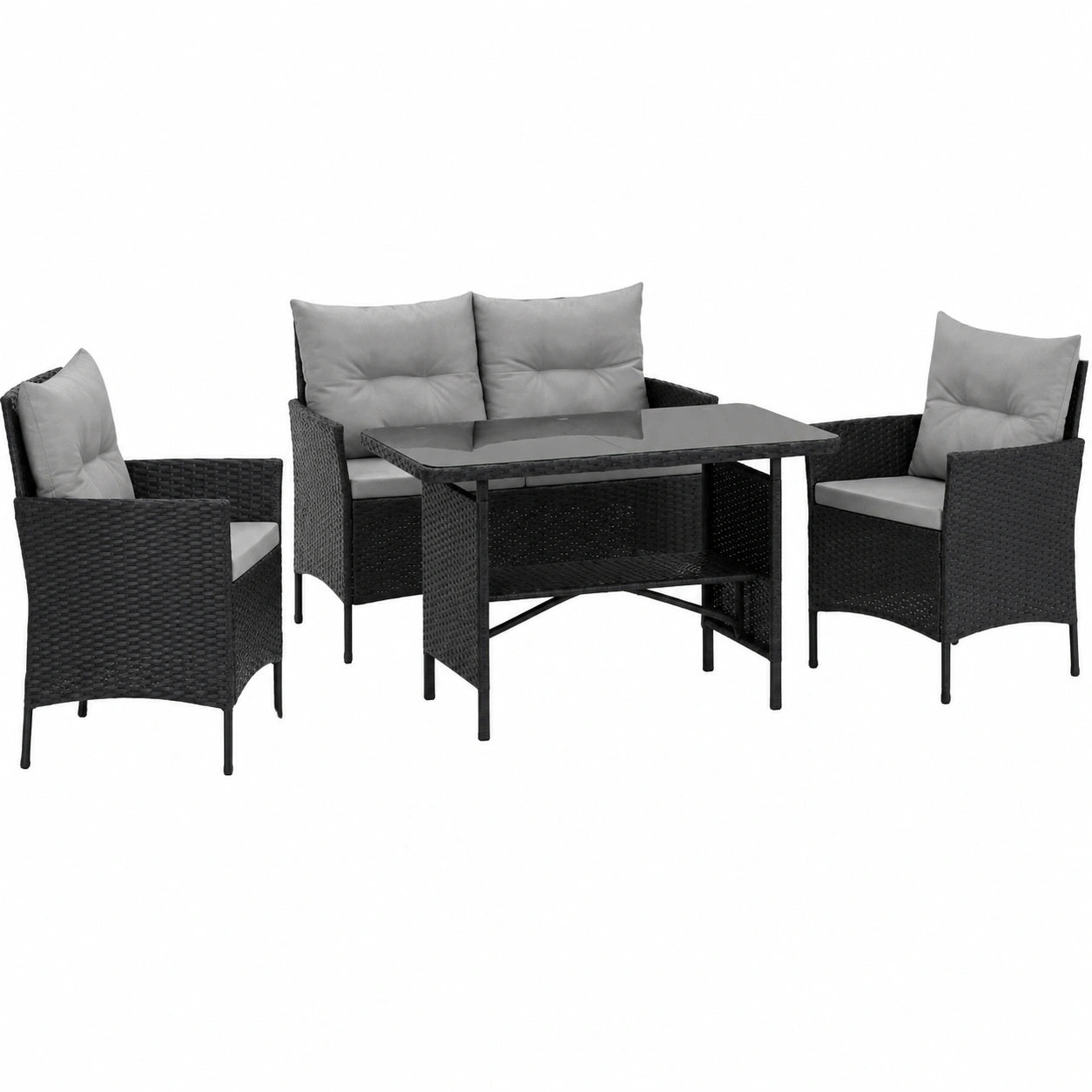 Sofa – 4-teilig, aus Rattan, Schwarz