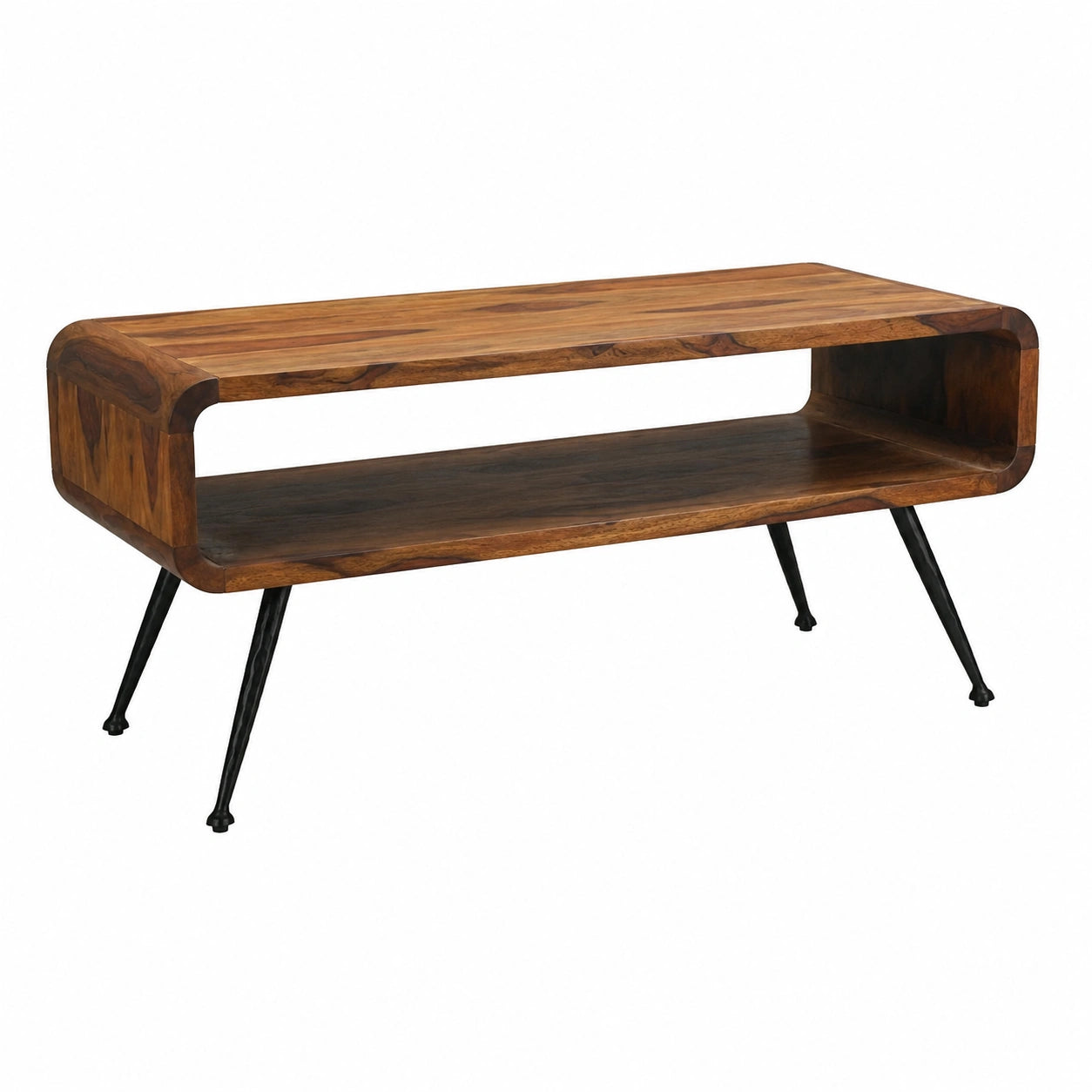Couchtisch – 100 cm, Industriestil, rechteckige Form, mit Ablagen, aus Massivholz und Holz