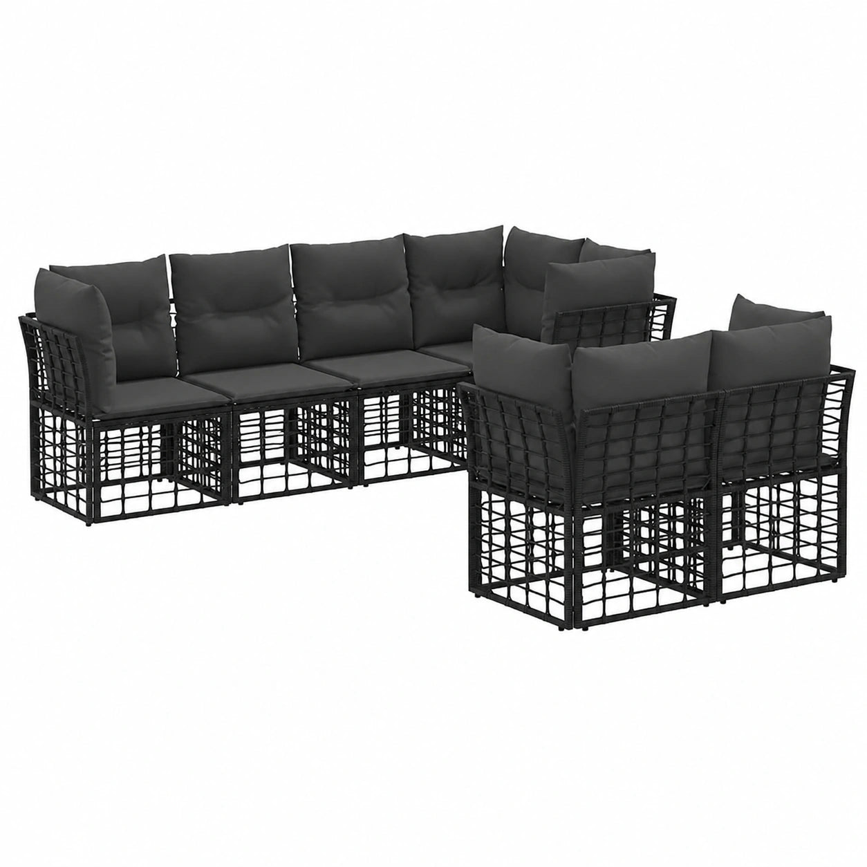 Sitzgruppe – 7-teilig, gepolstert, aus Rattan, Schwarz, für Garten, Terrasse und Balkon