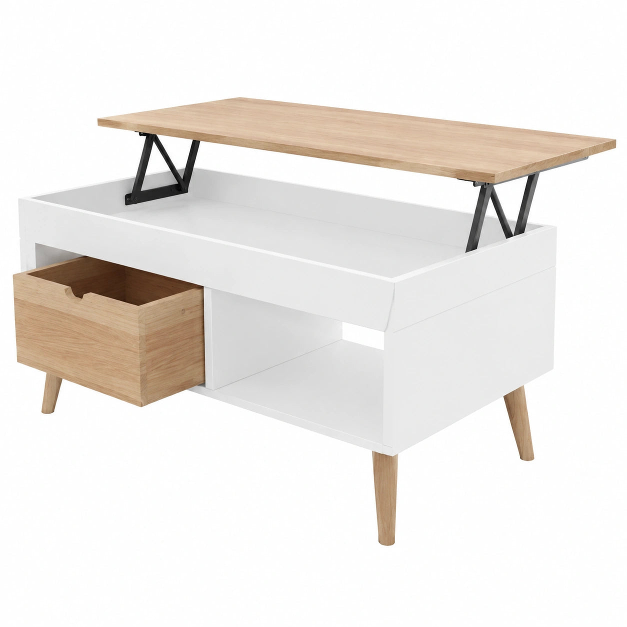 Couchtisch – 100 × 50 × 47 cm, höhenverstellbar, mit Schubladen, aus Kiefernholz und Holz