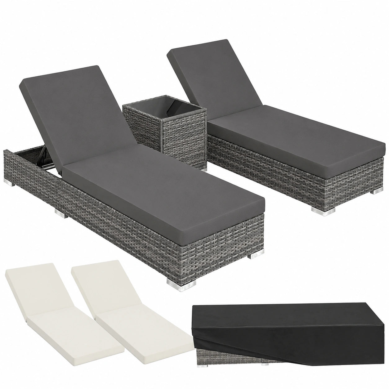 Tisch – 2er-Set, aus Rattan und Aluminium, Grau, für Garten